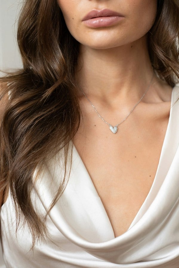 SVNX Diamante Heart Pendant Necklace in Silver Colour