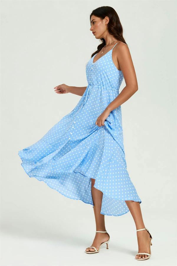 FS Collection Dot Print Button Down High Low Strappy Dress In Light Blue