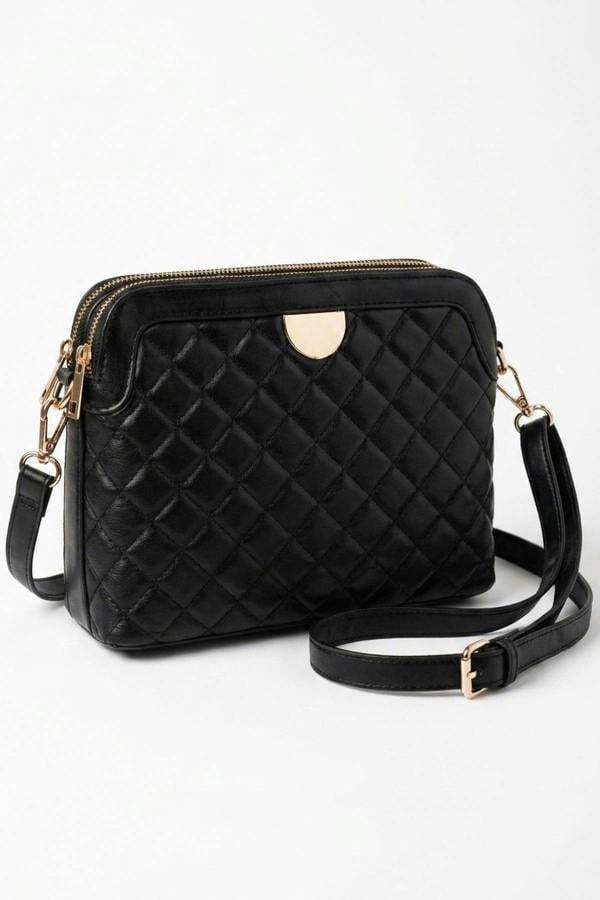 Constance Quilted Frame Crossbody Bag - Black