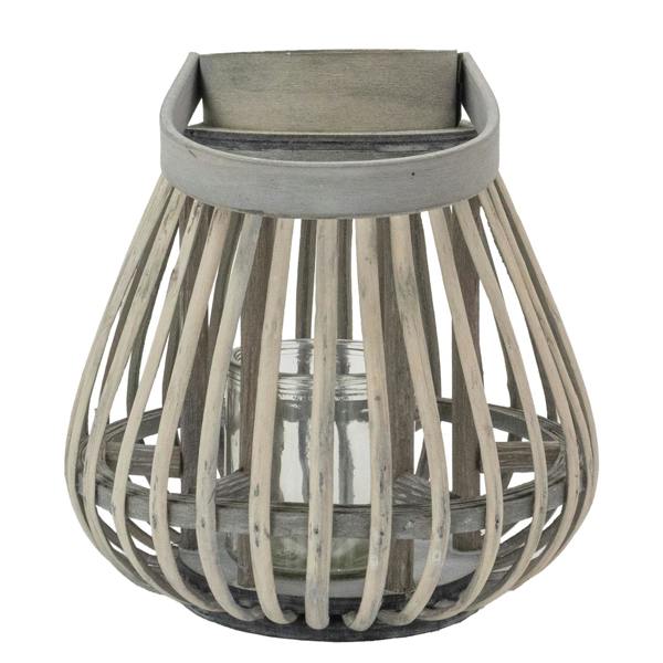 JVL Luna Natural Bulb Shaped Willow Wood Lantern With Wooden Handle, Grey Wash