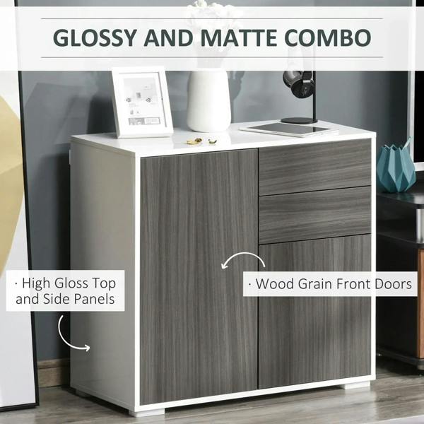 Grey sideboard cabinet with high-gloss top and wood-grain door and drawer fronts