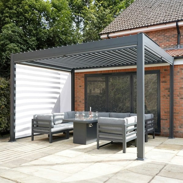 Monstershop Anthracite Aluminium Pergola With White Blinds & LED Lights - 3m x 4m