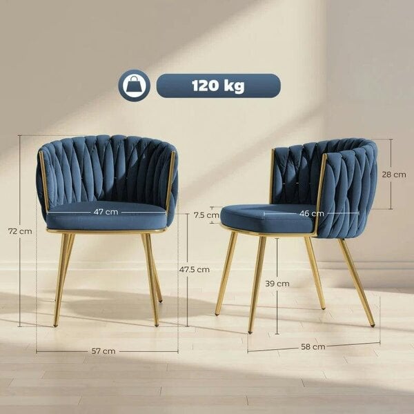 Bobobiy Velvet-Feel Dining Chairs Set of 2, Modern Upholstered Armchair with Knot Design and Golden Metal Legs, Accent Chair, Dark Blue