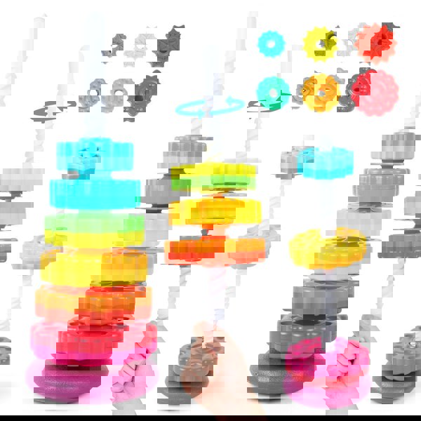 deAO Toys Rainbow Stacking Tower Toy for Toddlers, Colorful Educational Spiral Gears with Rotating Base, Soft and Safe Material