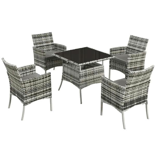 Five-piece grey rattan dining set with four armchairs and square table with glass top