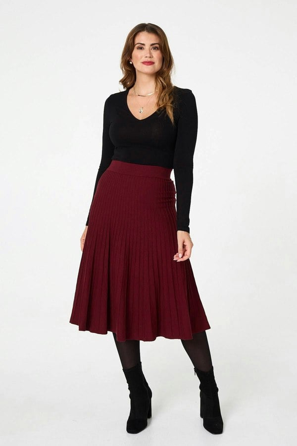 Red | High Waist Pleated Knit Midi Skirt
