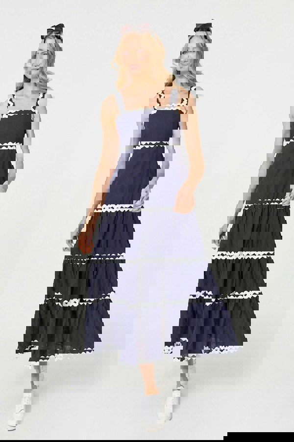 Navy | Zig Zag Trim Sleeveless Tiered Midi Dress
