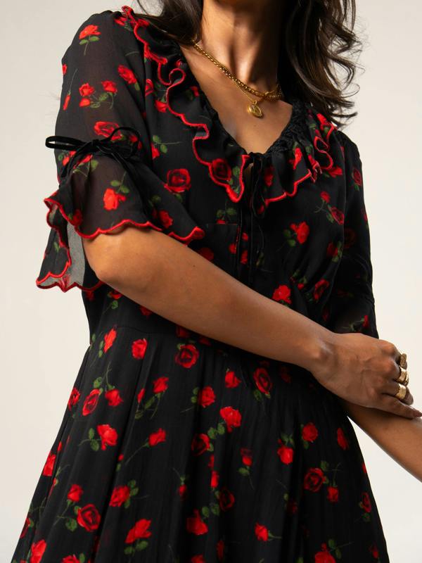Rose & Nancy Toni Red Rose Print Velvet Tie Maxi Dress&nbsp;