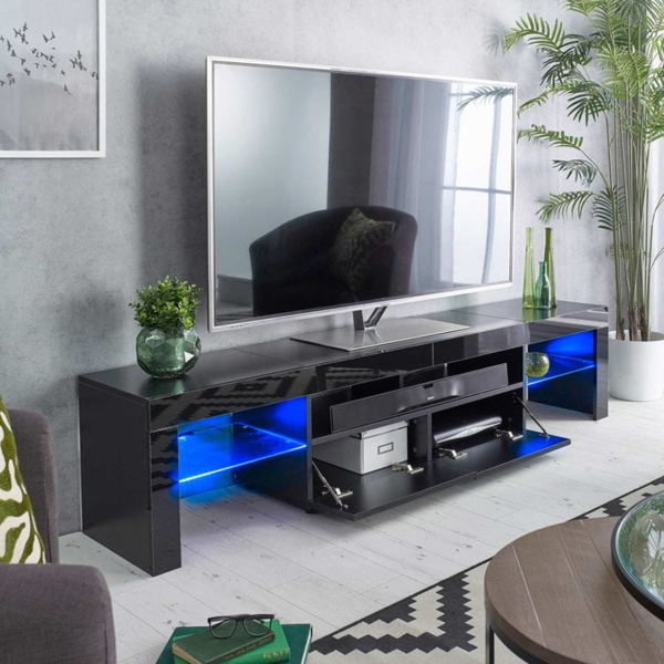 MMT Furniture Designs Modern Black 200cm Matt Gloss TV Stand Cabinet Suitable for 55 - 80 Inch 4K LED Flat Screen TV's Glass Shelves