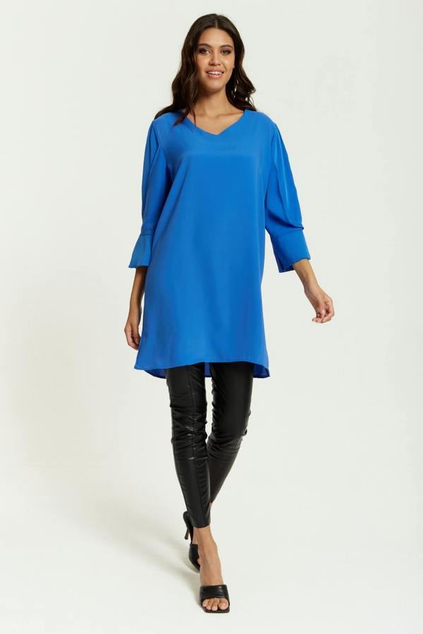 Hoxton Gal Oversized Detailed Sleeves V Neck Tunic in Blue