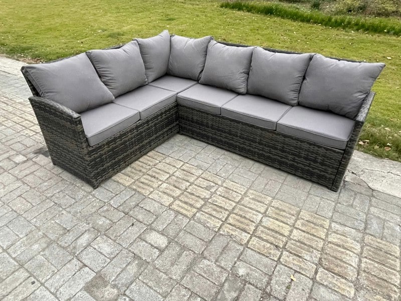 Fimous 8 Seater Rattan Garden Furniture High Back Corner Sofa Gas Fire Pit Dining Table Sets Gas Heater with 2 Big Footstool Dark Grey Mixed
