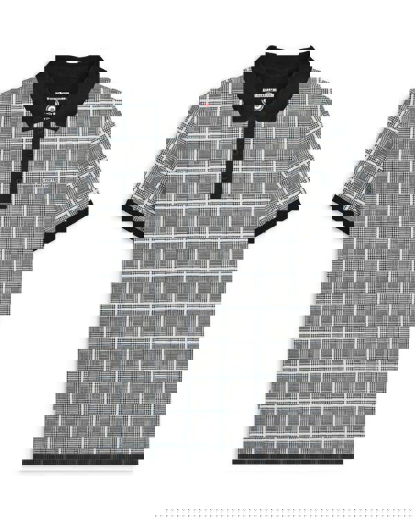 Lambretta Mens Prince of Wales Check Mod Ska Casual Polo, men's short-sleeve polo shirt with a black collar and a classic Prince of Wales check pattern in black, white, and grey.