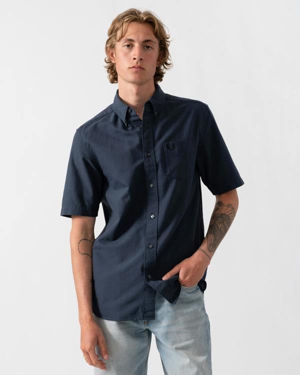 Fred Perry Mens Oxford Shirt - Dark Airforce 738 | CHO | Designer Mens Short Sleeve Shirts