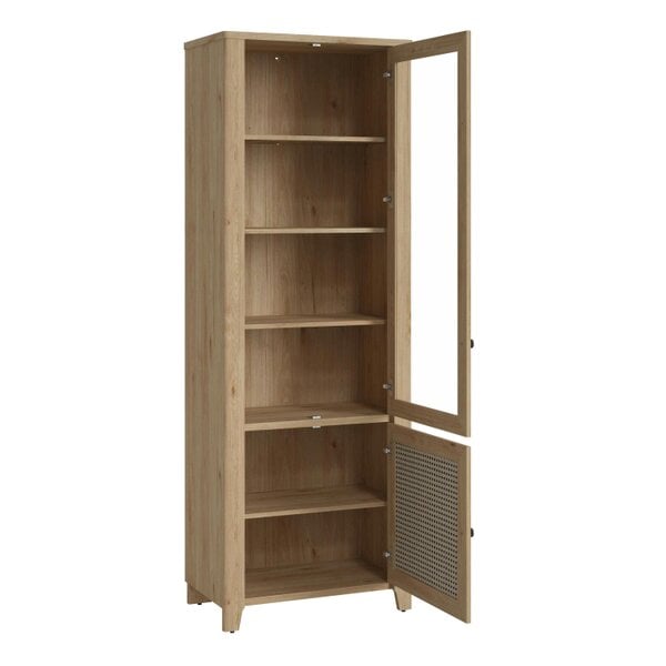 Wyld Haus Monza Tall Natural Oak Wood and Rattan 2 Door Display Cabinet
