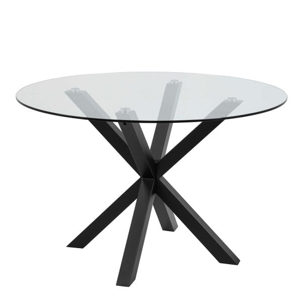 Wyld Haus Perth 119cm Clear Glass Round Dining Table Industrial Black Metal Legs