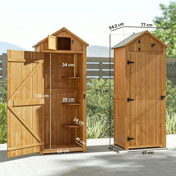 Brown wooden tool storage shed with open side shelf area and size measurements