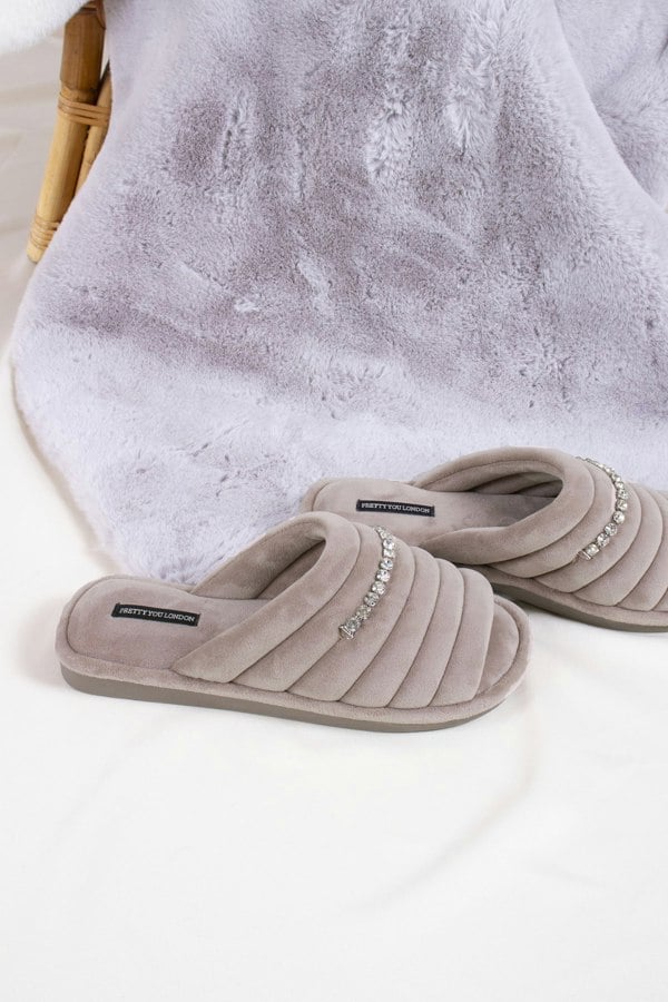 Frankie women's slider slippers in mink combining super-soft microfibre materials with a glistening crystal diamante strap from Pretty You London