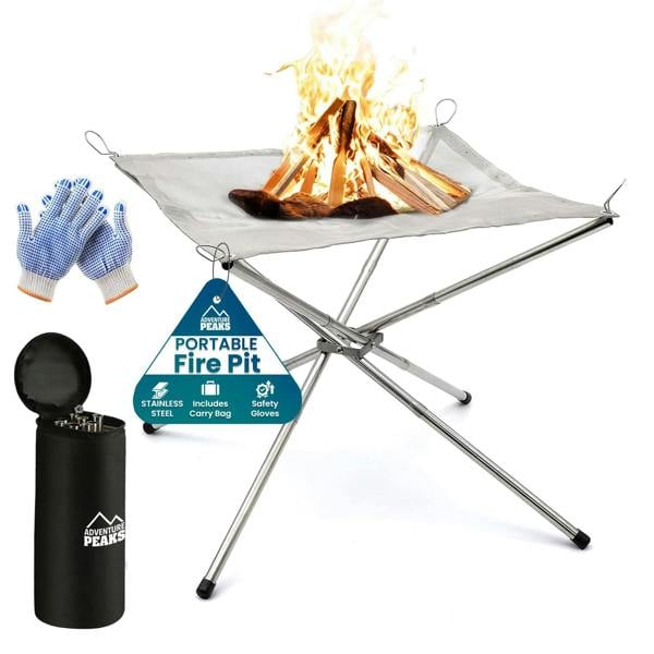 ADVENTURE PEAKS Portable Fire Pit for Camping with Heat Resistant Gloves & Storage Bag - Collapsible Fire Pit Stainless Steel Foldable Mesh