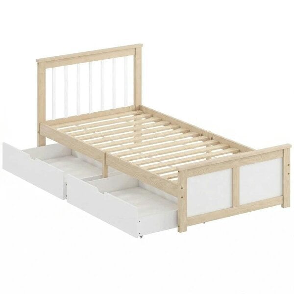 Pine Storage Bed, 3ft Single Solid Wooden Bed Frame with Drawers, Headboard, Wood Slat Support, Natural Wood Finish
