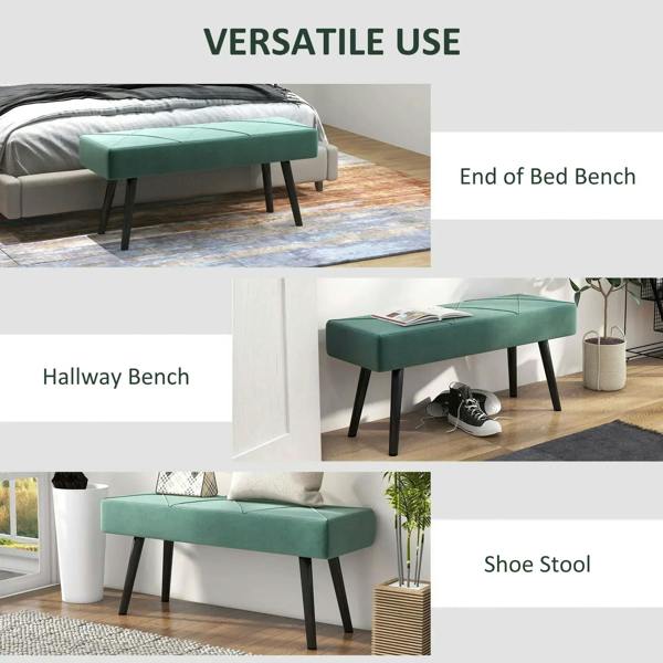 Green upholstered bench with dark steel legs and cushioned seat