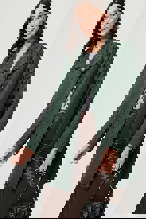 Green | Faux Suede Collared Open Front Jacket
