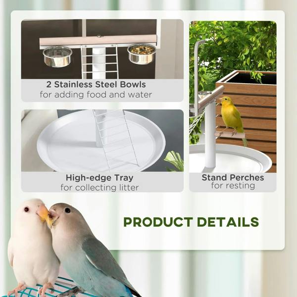 White bird feeding stand with two stainless bowls and high-edge round litter tray
