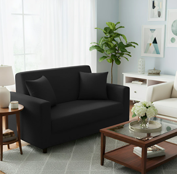 Anyseat 2 Seater Sofa Cover Plain Black Style and Protection For Living Room Sofa Chair Elastic Stretchable Slipcover