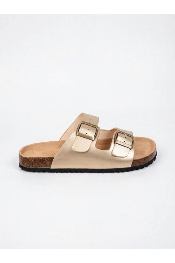 Nina Womens Buckle Strap Cork Slide Sandals - GOLD