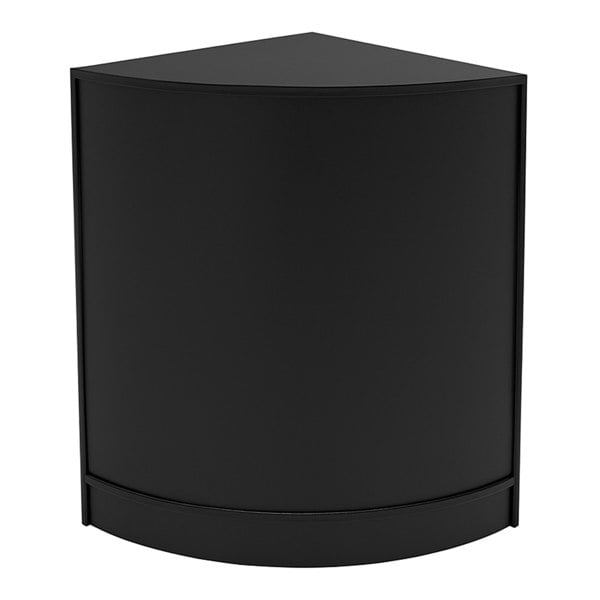 Sleek black Helios LED shop counter set with a modern corner design, featuring smooth surfaces and a minimalist aesthetic
