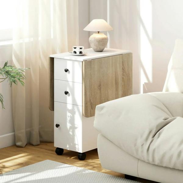 White and oak drop-leaf dining table cart with drawer storage and caster wheels