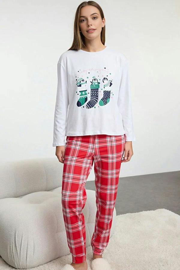 WOVCOR 2-Piece 100% Cotton Christmas Themed Knit Pajama Set