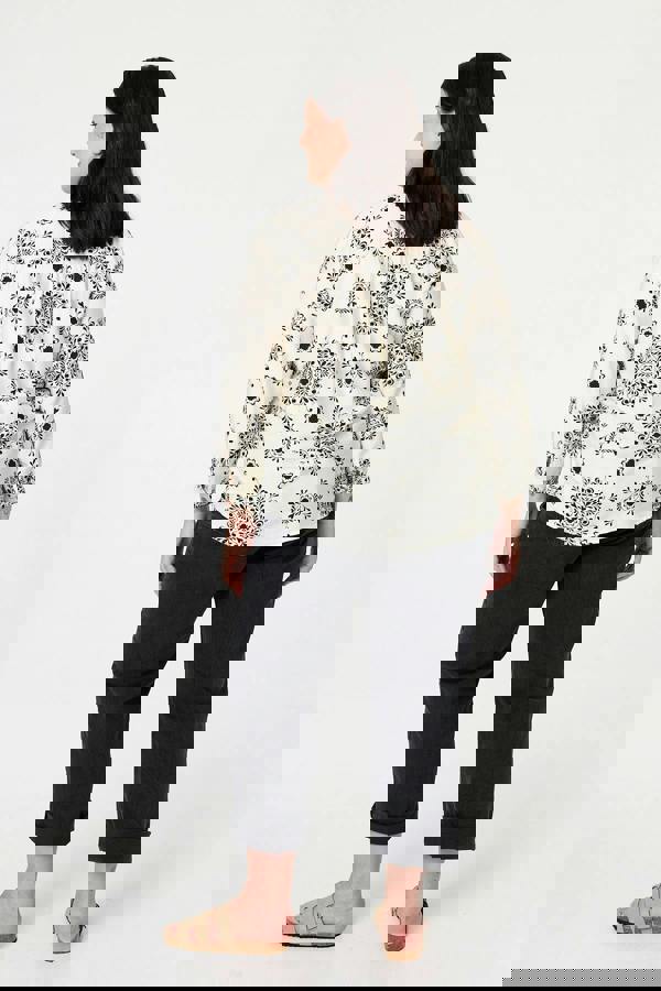 White | Curve Printed Turn-Up Sleeve Blouse