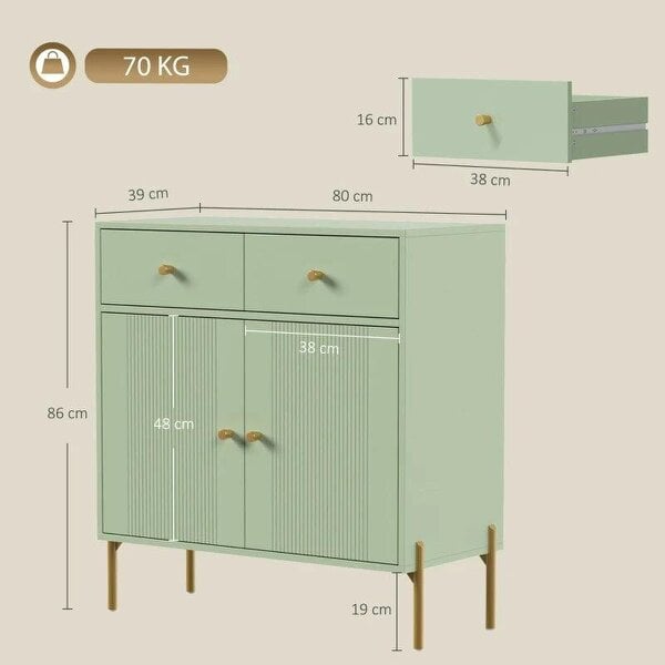 Modern Sideboard, Sideboard Storage Cabinet with 2 Drawers and Adjustable Shelf for Living Room, Light Green