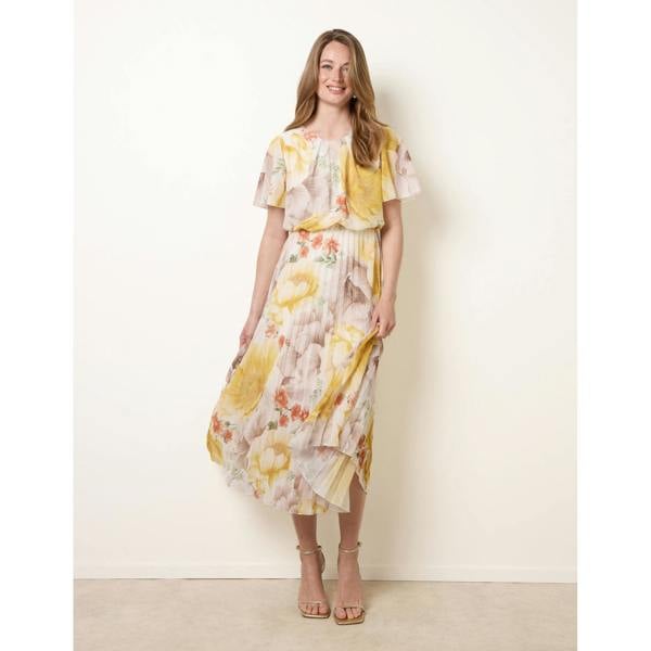 Blue Vanilla Pleated Scoop Neck Short Sleeve Floral Dress