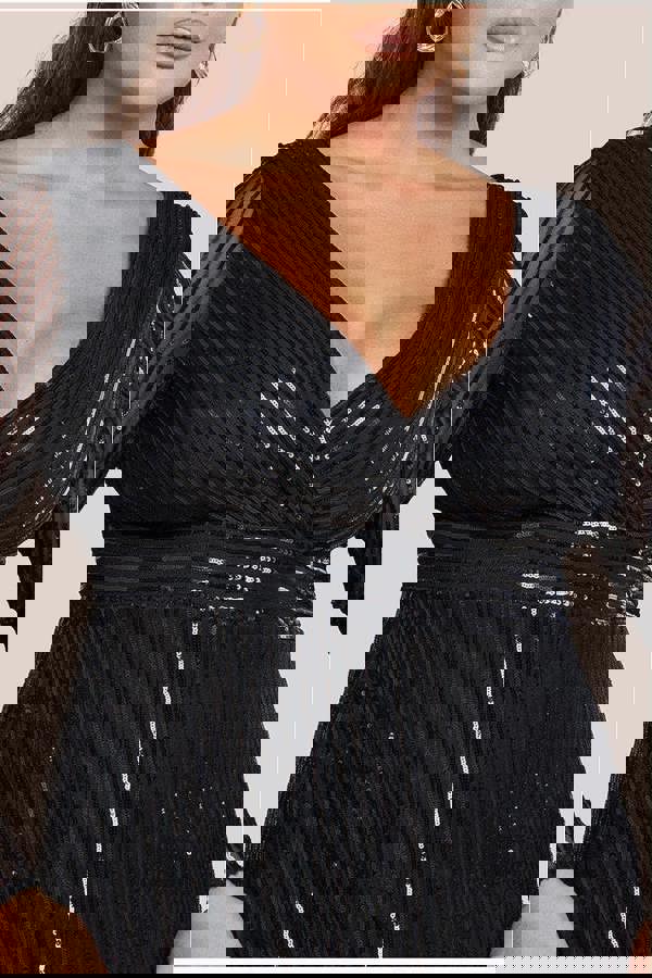 Long Sleeve Sequin V Wrap Maxi Dress - Black DR3485PLUS