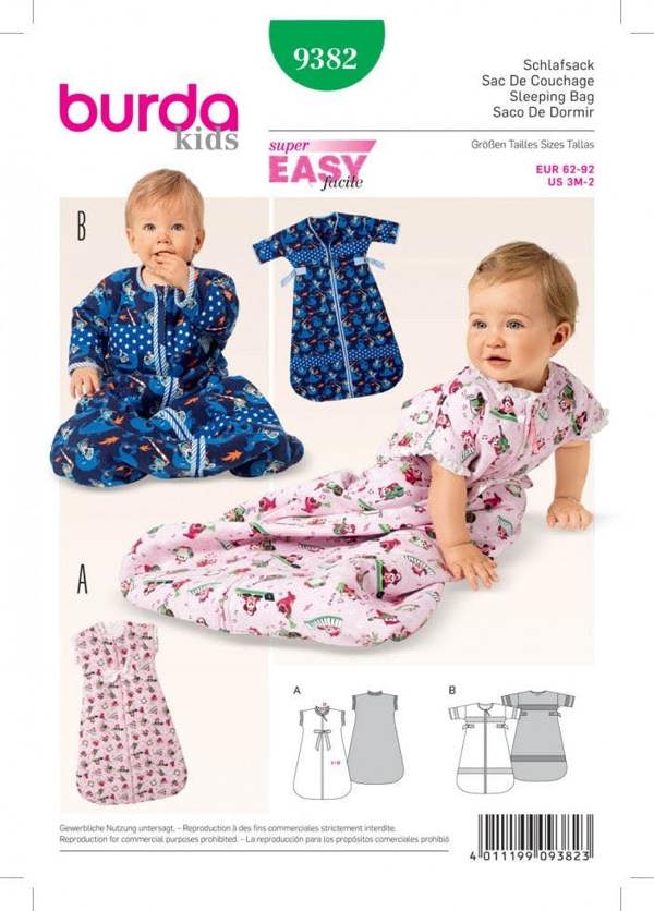 Burda Sewing Pattern 9382 Onesies, Onesies and Pyjamas For Babies, 3m-2 - Easy
