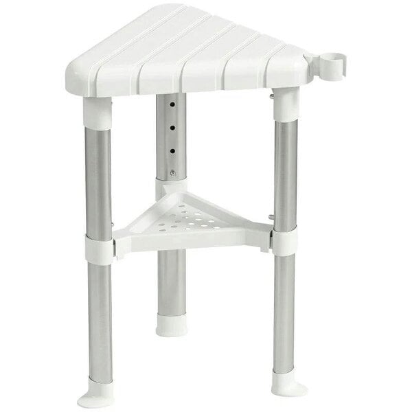Shower Stool, Aluminium Alloy Corner Shower Chair with Storage Shelf and HDPE Seat, Adjustable Height, White