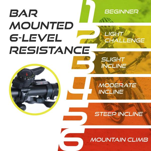 Bar-mounted resistance settings for Velo Pro Black Magnetic Turbo Trainer, showcasing 6 levels from beginner to mountain climb