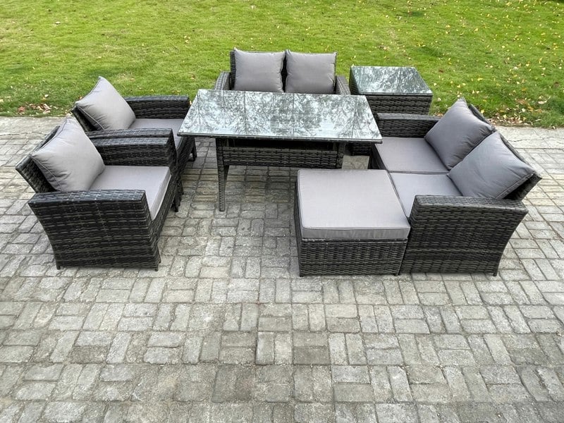 Fimous 7 Seater Dark Grey Mixed Rattan Outdoor Lounge Set - Oblong Dining Table, Double Sofa & Footstool