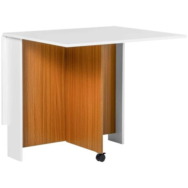 White folding dining table with teak wood panel and caster wheels, corner view