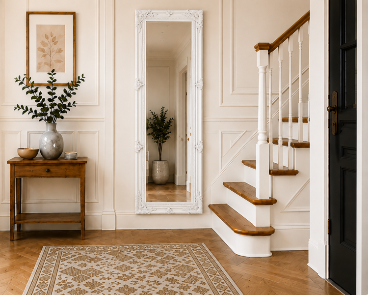 Downton Interiors Antique Style Plain White Tall Ornate Dressing Wall Mirror with Bevelled Glass 142cm