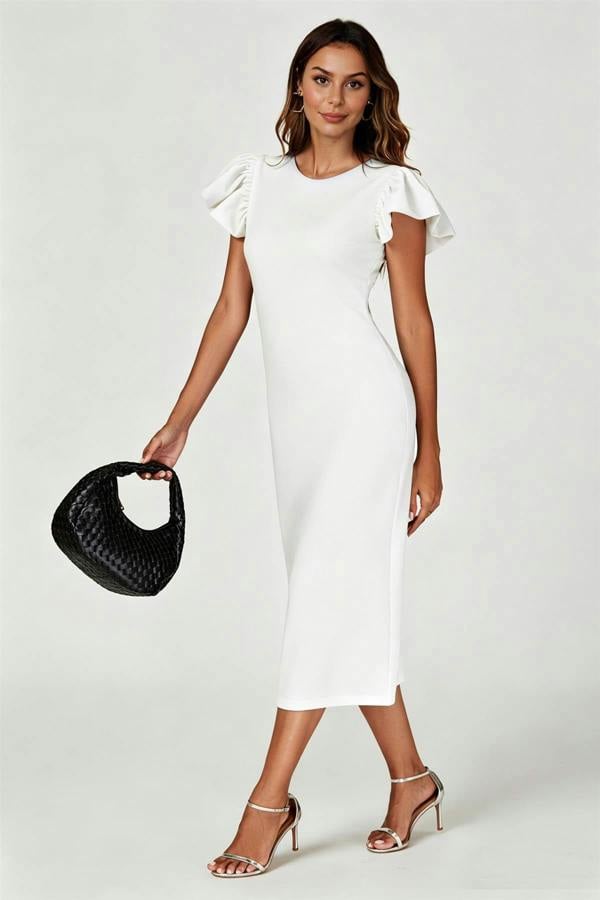 FS Collection Volume Sleeve Bodycon Midi Dress In White