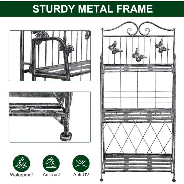 Silver metal frame 3-tier plant stand with decorative butterfly railings and sturdy legs