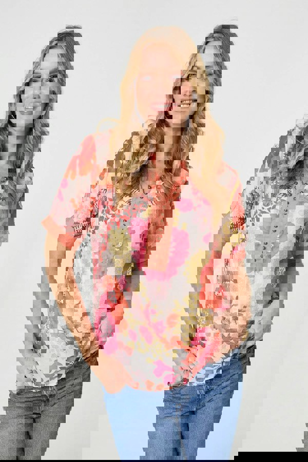 Orange | Floral Short Sleeve Stud Trim Blouse
