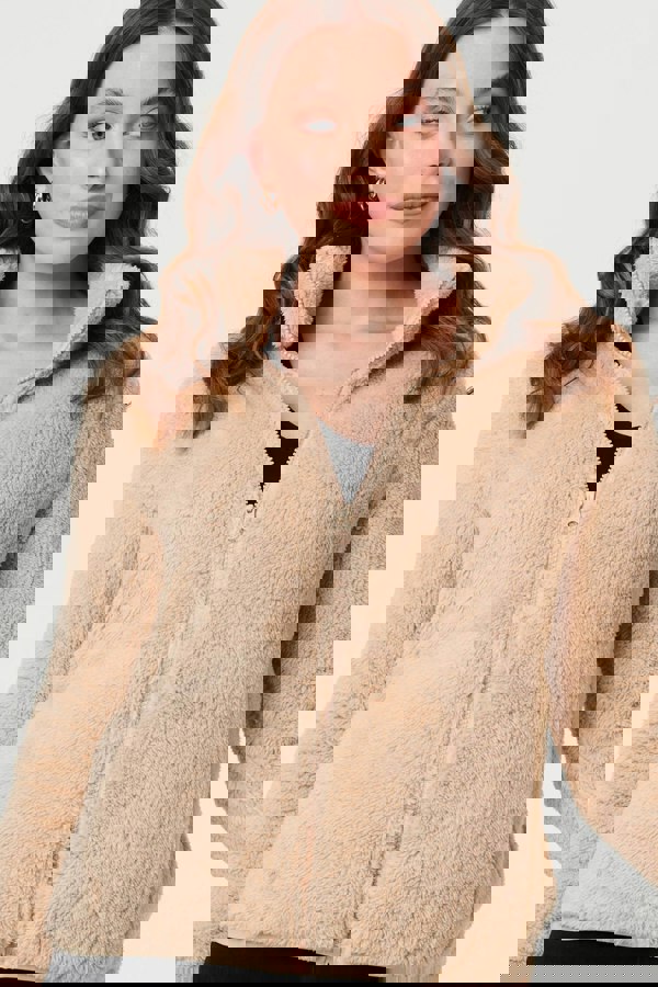 Beige | Soft Texture Zip Front High Neck Fleece
