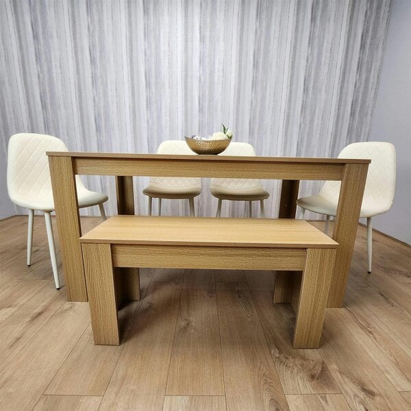 KOSY KOALA 6 Seater Modern Light Wood Dining Table Set with 4 Cream Plastic Chairs and Bench  H75 x L140 x W80 cm