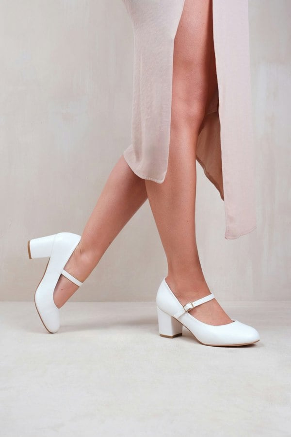 Where's That From Araceli Extra Wide Fit Block Heel Mary Jane Pumps in White Faux Leather