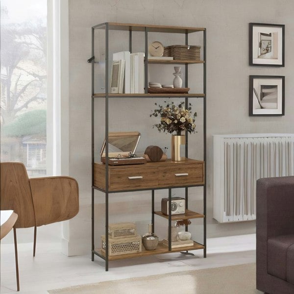 Rafaelo Mobilia Industrial Bookcase With 2 Large Drawers and Shelves Brown