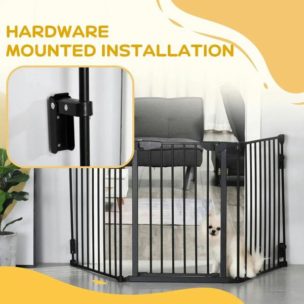 Black pet safety gate installed with wall-mounted hardware and vertical bar frame