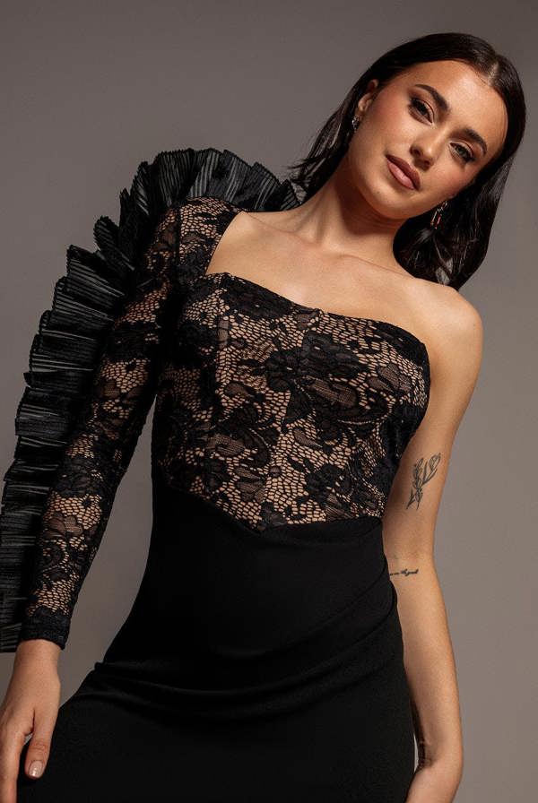 One Shoulder Organza  Fan Detail Lace Bodice Maxi Dress - Black DR4577